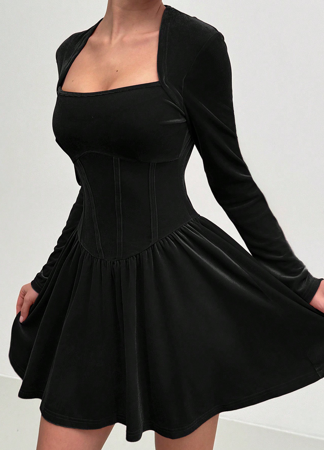 Черное праздничный, коктейльное, вечернее, кэжуал платье клеш, а-силуэт, с корсетом SHEIN однотонное