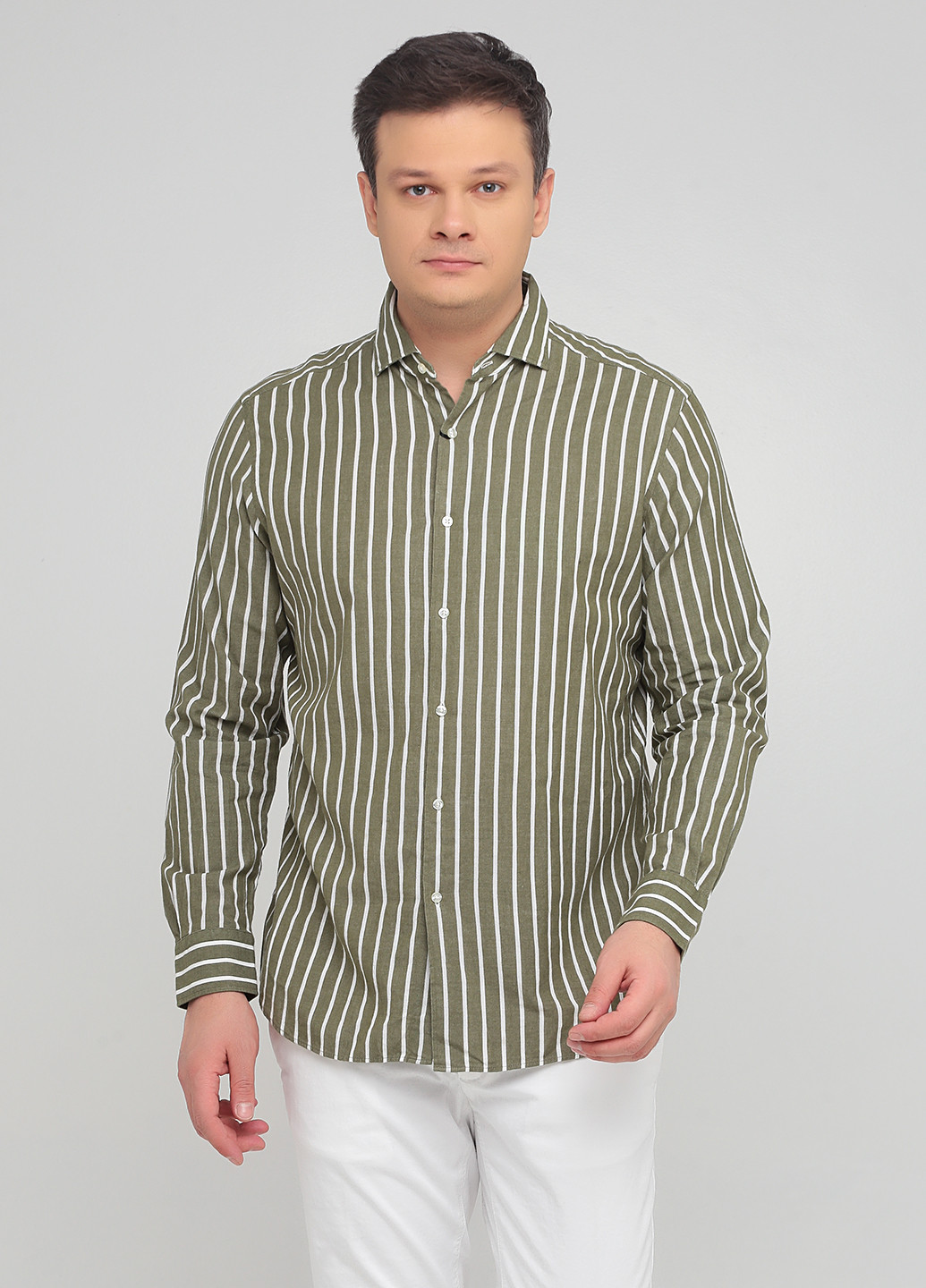 Оливковковая (хаки) кэжуал рубашка в полоску Massimo Dutti