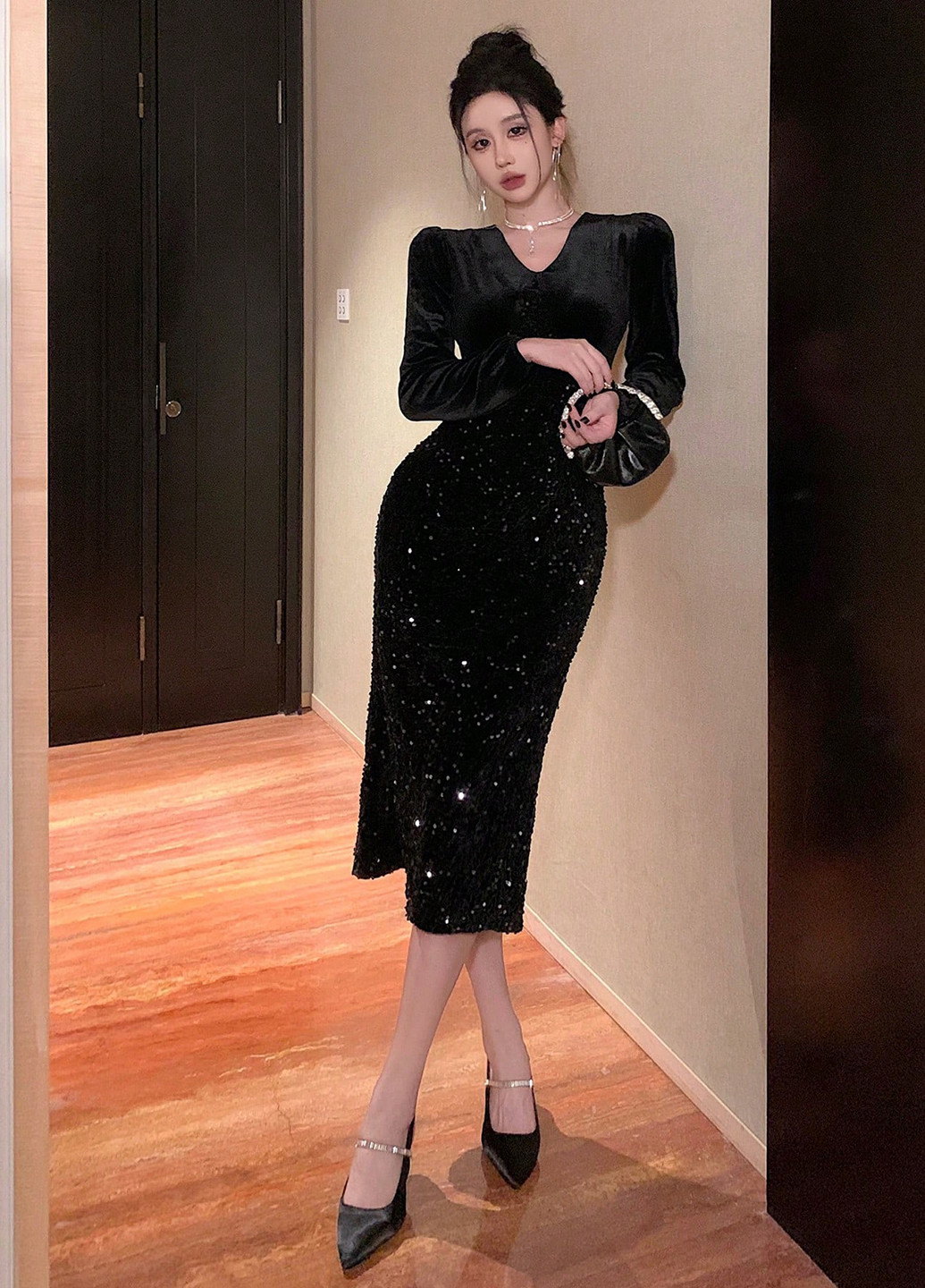 Чорна вечірня сукня силуетна SHEIN з візерунком "перець з сіллю"