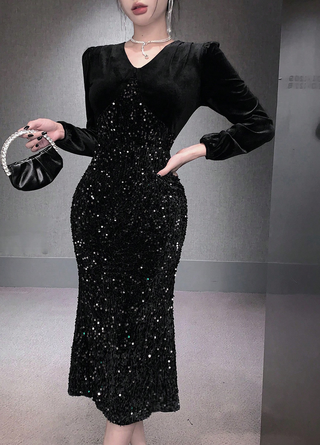 Чорна вечірня сукня силуетна SHEIN з візерунком "перець з сіллю"