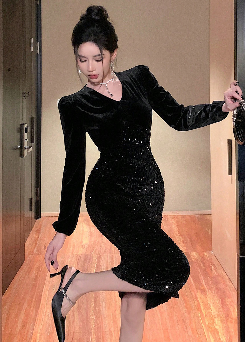 Чорна вечірня сукня силуетна SHEIN з візерунком "перець з сіллю"