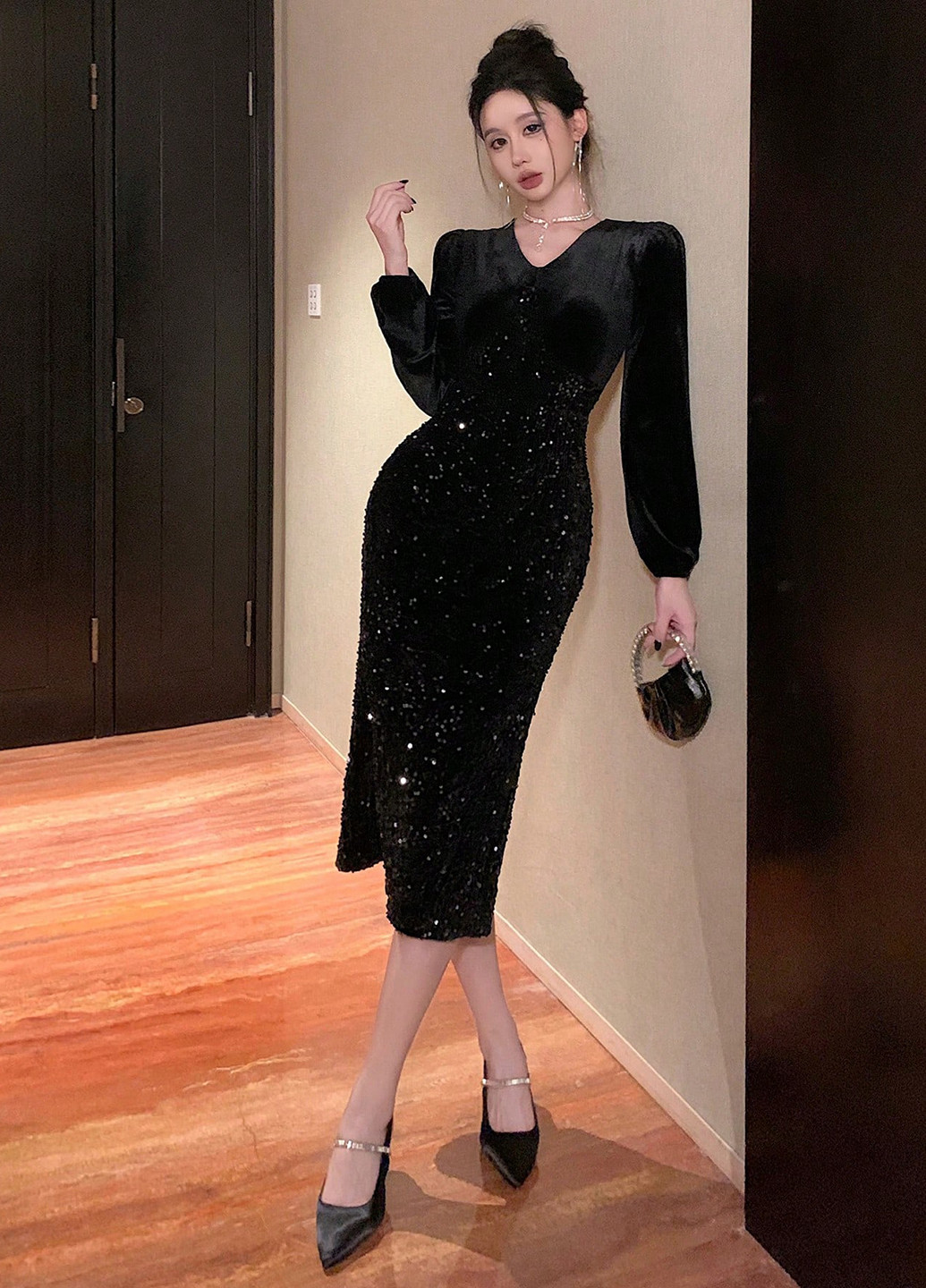 Чорна вечірня сукня силуетна SHEIN з візерунком "перець з сіллю"