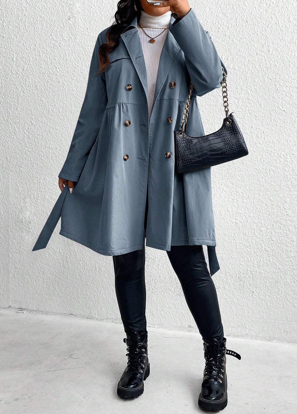 Сіро-голубий Кежуал напівпальто двобортне SHEIN однотонне