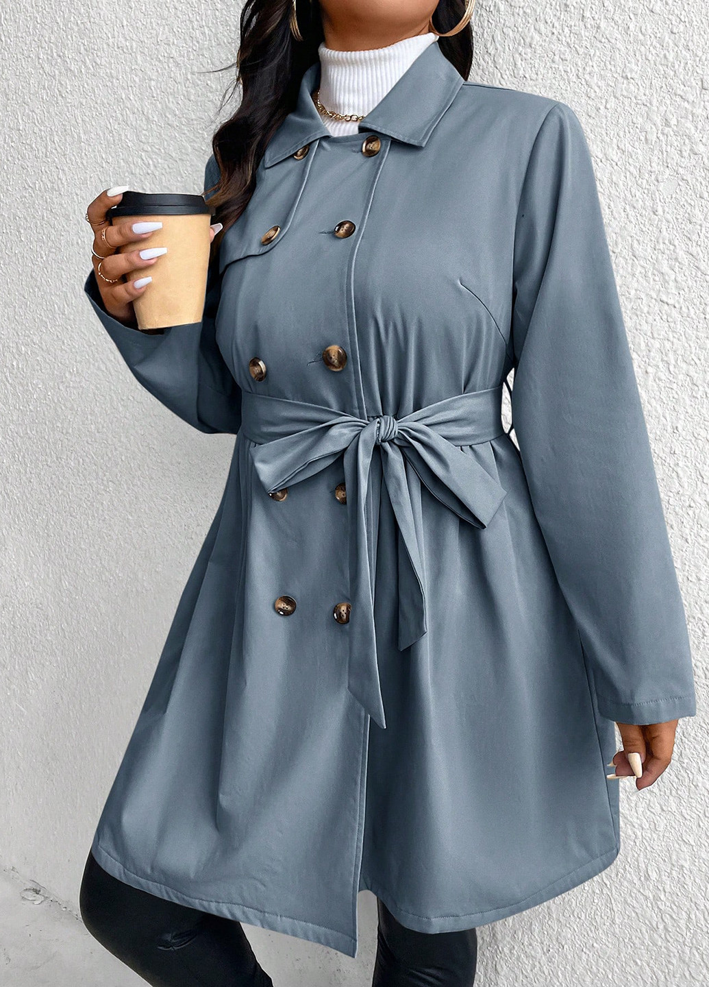 Сіро-голубий Кежуал напівпальто двобортне SHEIN однотонне