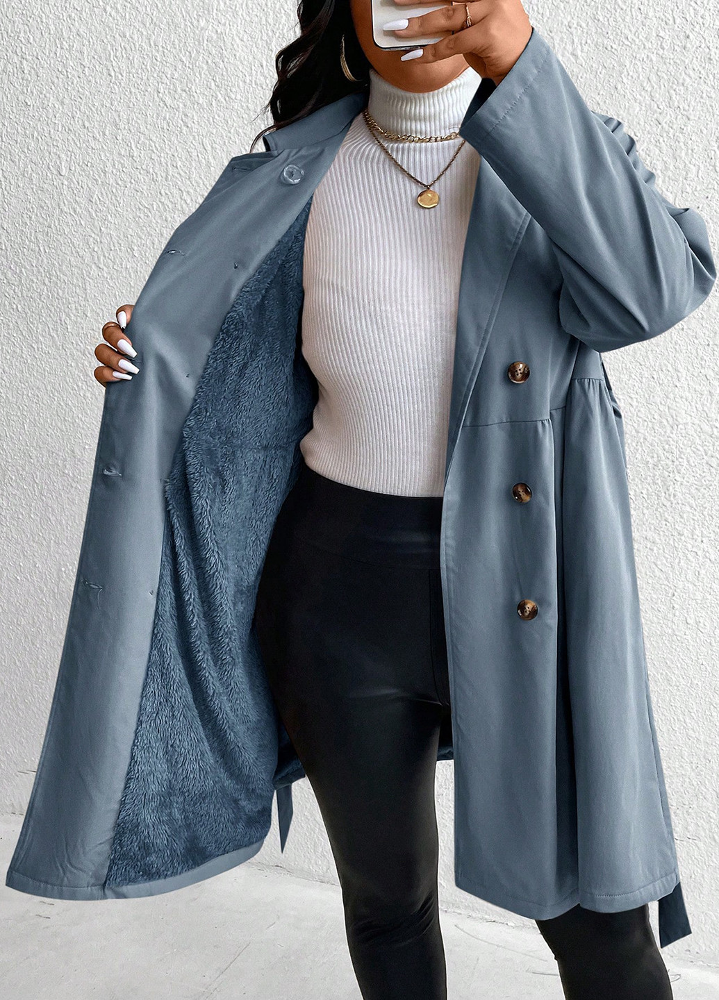 Сіро-голубий Кежуал напівпальто двобортне SHEIN однотонне