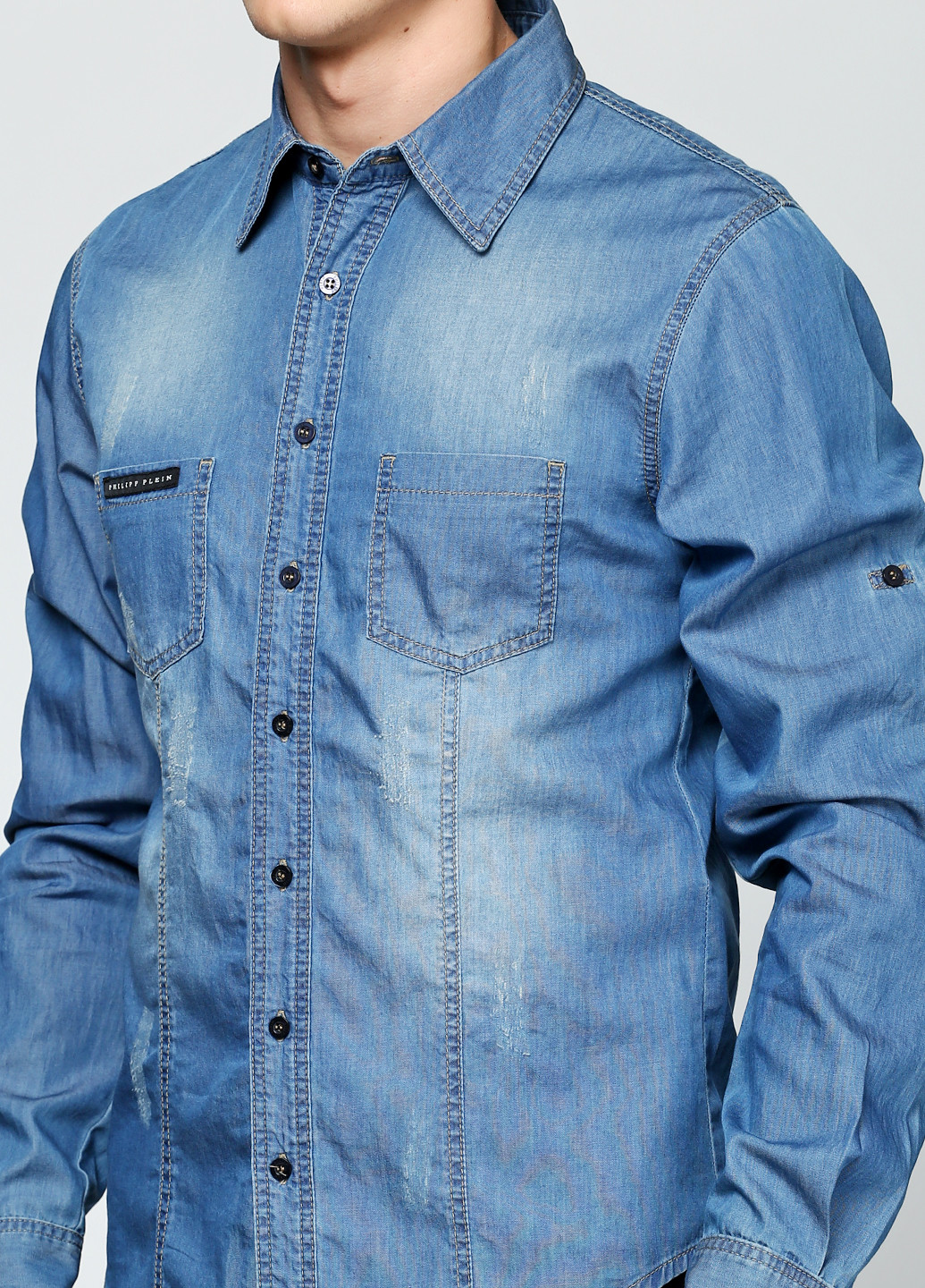 Синяя джинсовая рубашка однотонная Philipp Plein с длинным рукавом