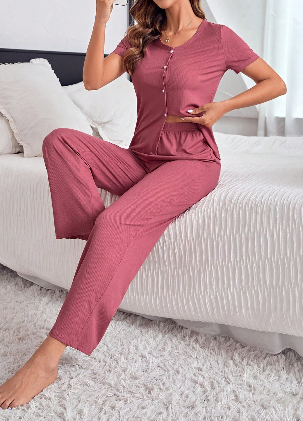 Розовый демисезонный комплект (рубашка, брюки) SHEIN