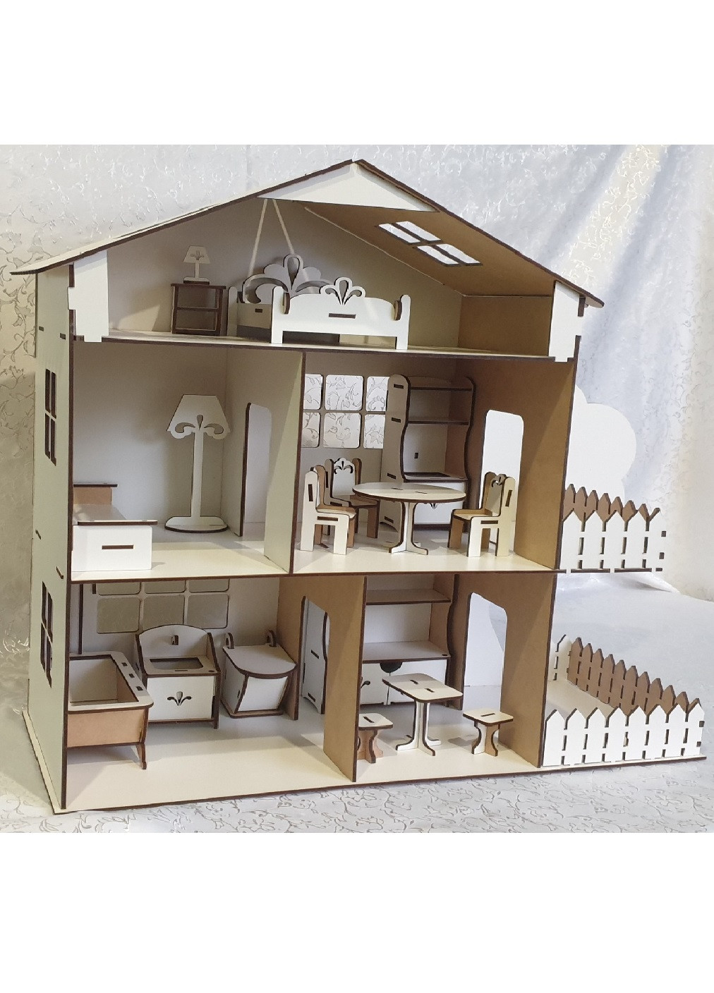 Трехэтажный кукольный домик для игрушек ручной работы из дерева с массандрой для ребенка с мебелью 45х38х30 см (473128-Prob) Unbranded (253918801)