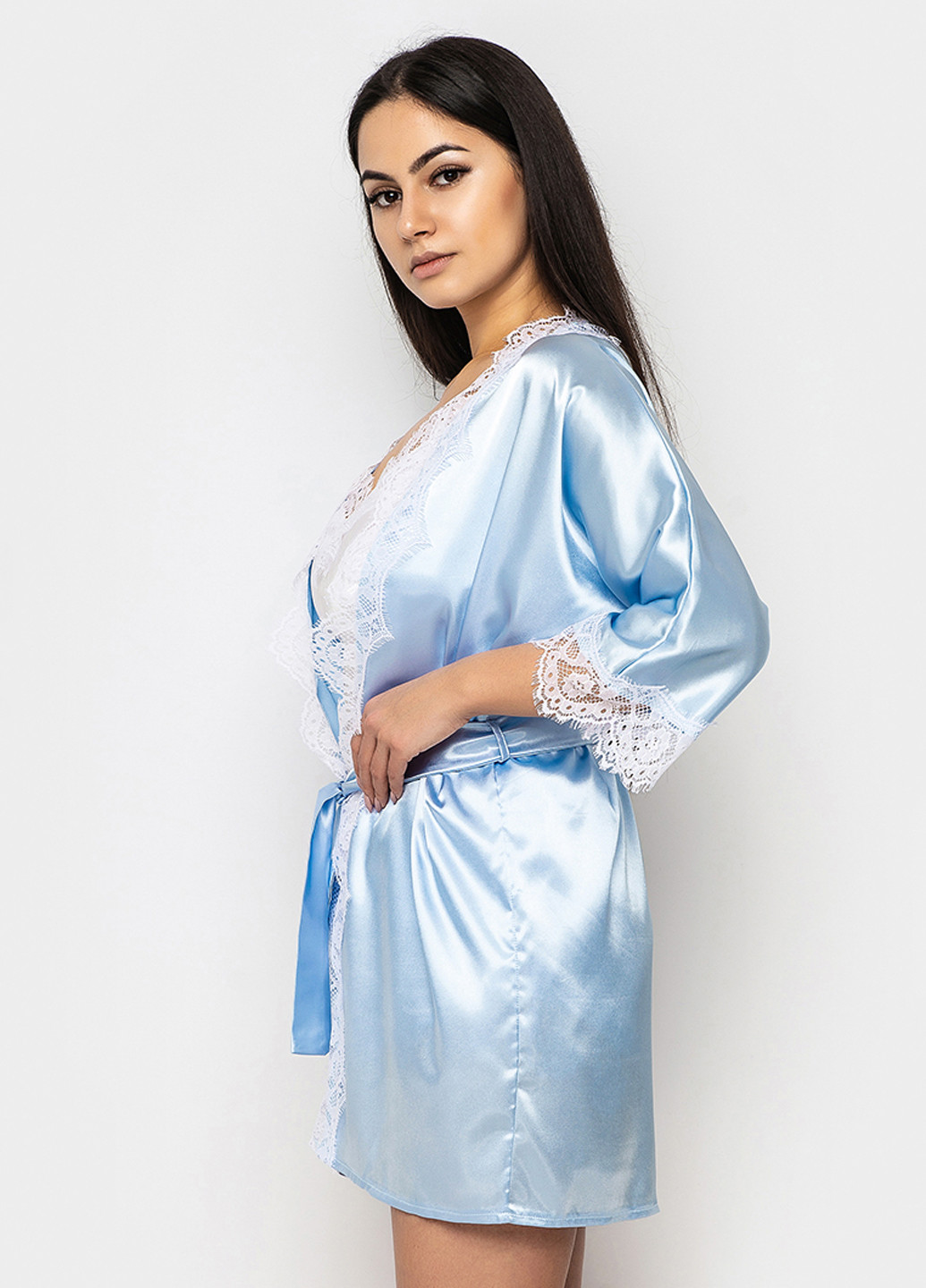 Світло-блакитний демісезонний комплект (халат, топ, шорти) Ghazel