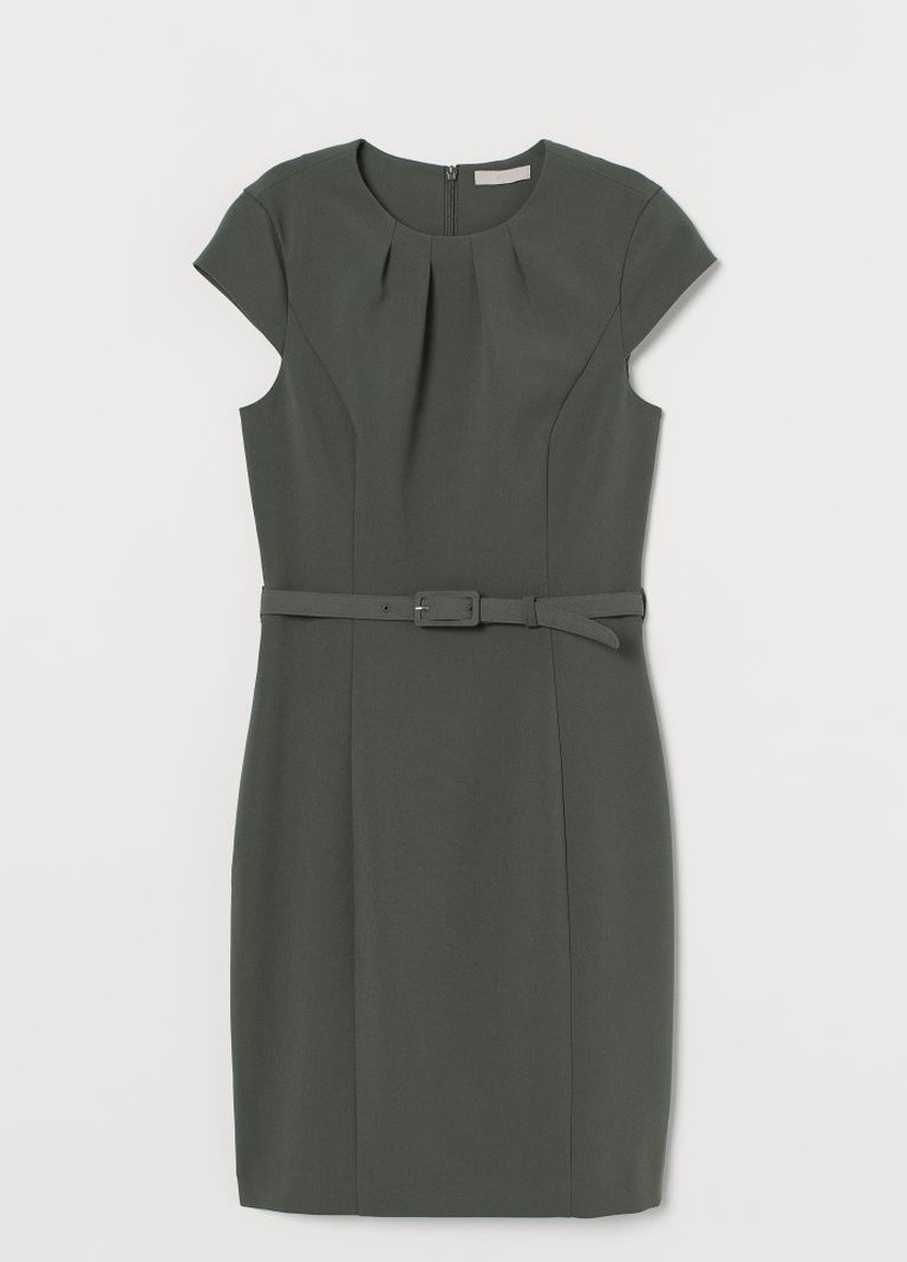 Оливковое (хаки) деловое платье с ремнём H&M однотонное