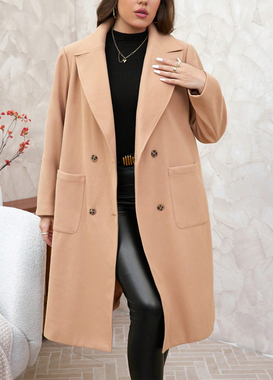 Светло-коричневое демисезонное Пальто двубортное SHEIN