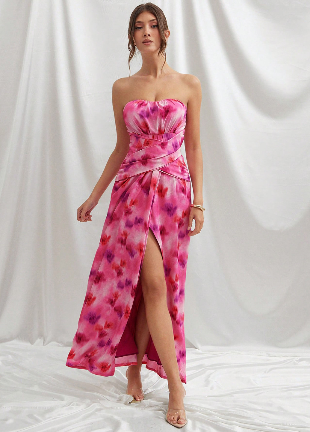 Рожево-лілова вечірня сукня кльош, в стилі армпір, з відкритими плечима, з відкритою спиною SHEIN тай-дай