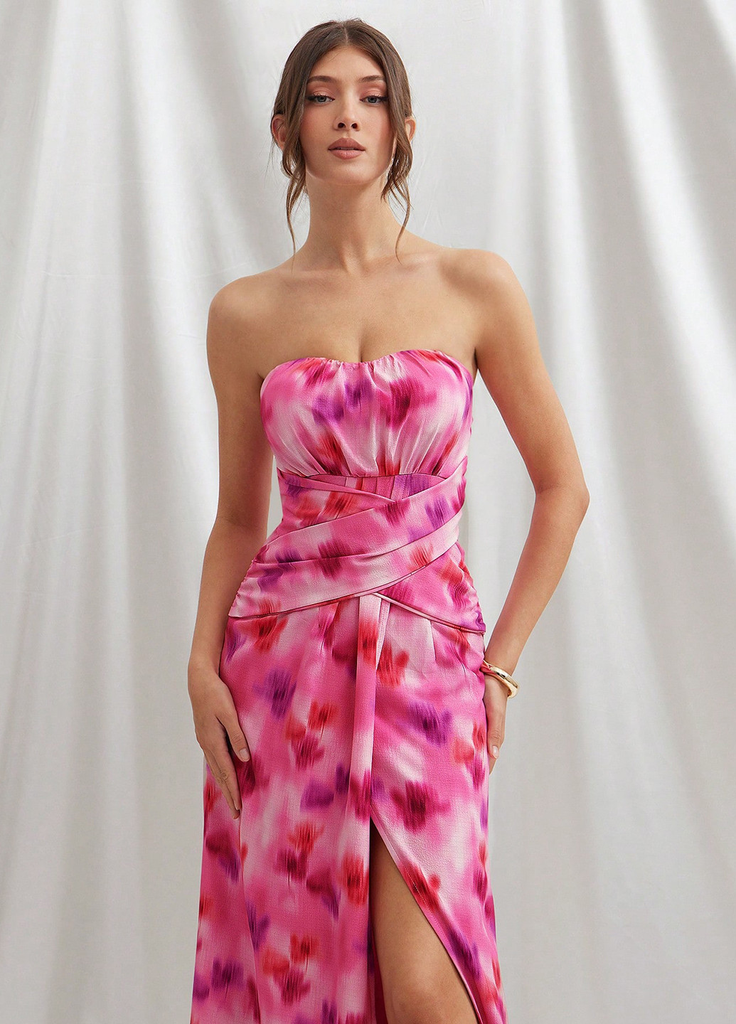 Рожево-лілова вечірня сукня кльош, в стилі армпір, з відкритими плечима, з відкритою спиною SHEIN тай-дай