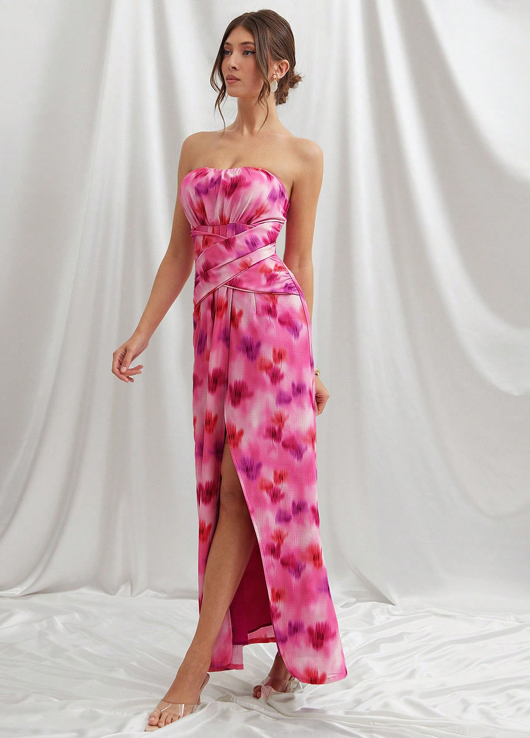 Рожево-лілова вечірня сукня кльош, в стилі армпір, з відкритими плечима, з відкритою спиною SHEIN тай-дай