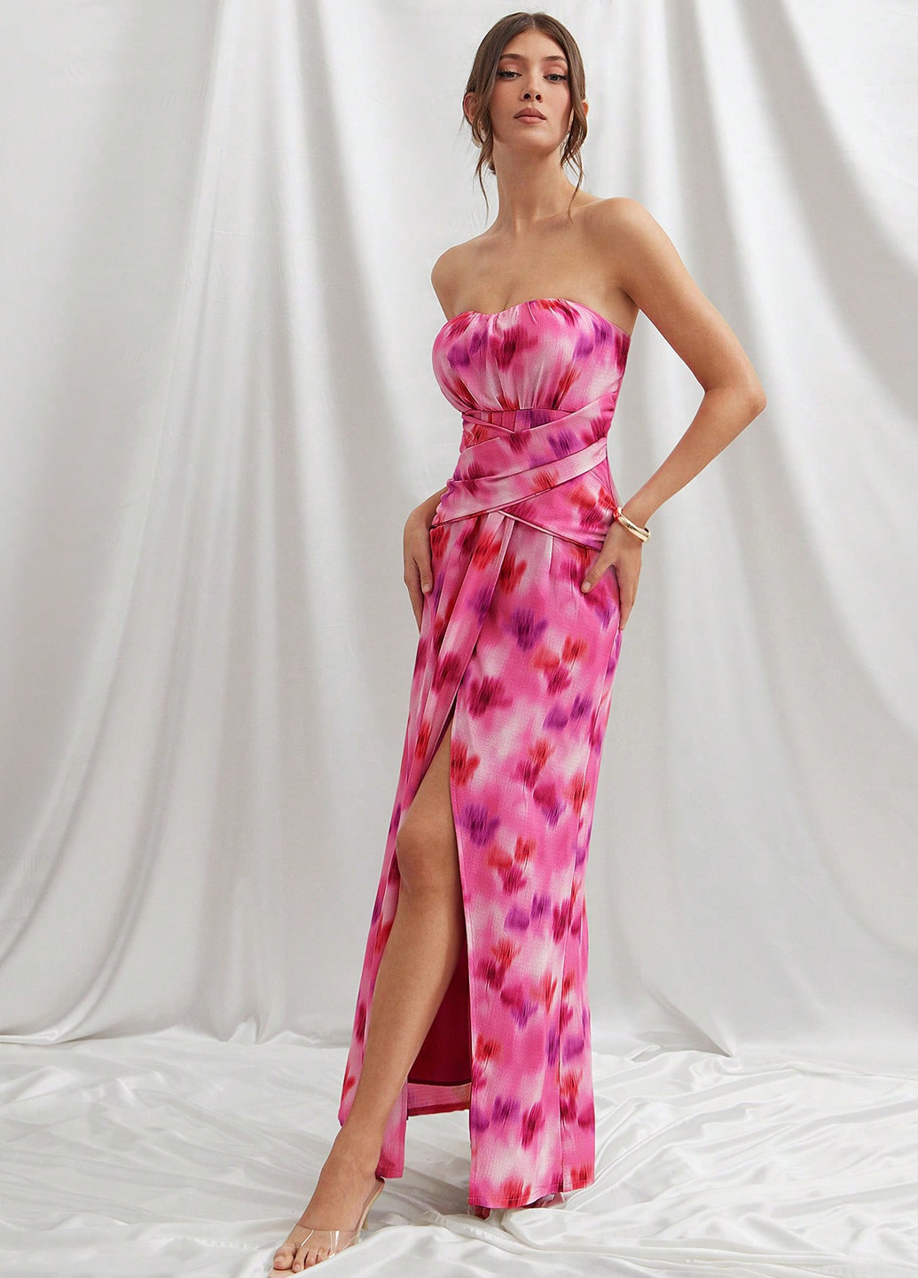 Рожево-лілова вечірня сукня кльош, в стилі армпір, з відкритими плечима, з відкритою спиною SHEIN тай-дай