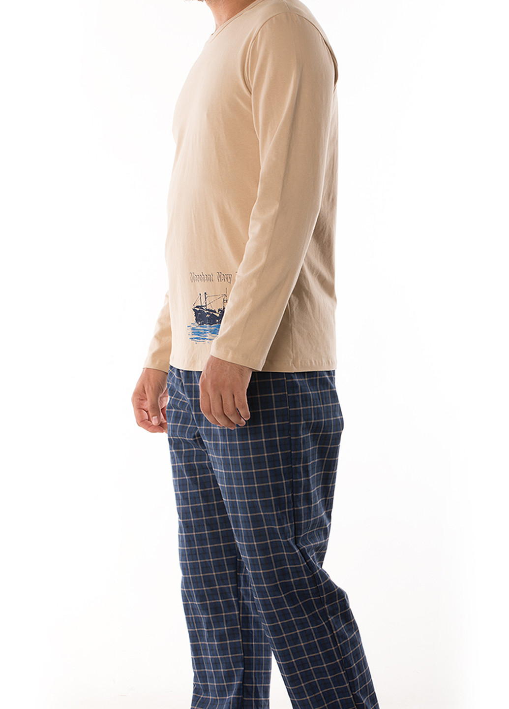 Пижама (лонгслив, брюки) DoReMi лонгслив + брюки клетка бежевая домашняя хлопок