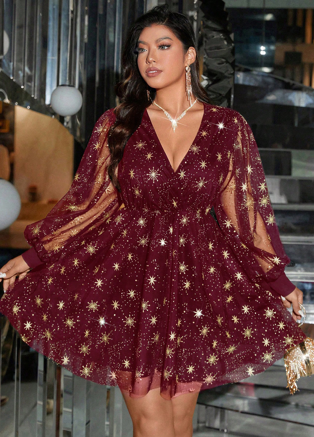 Бордова коктейльна сукня кльош SHEIN зірки