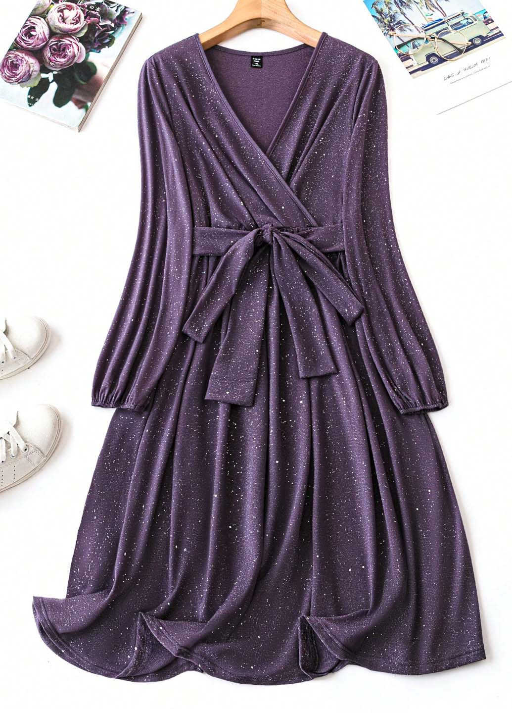 Фіолетова кежуал, коктейльна сукня на запах, кльош SHEIN однотонна
