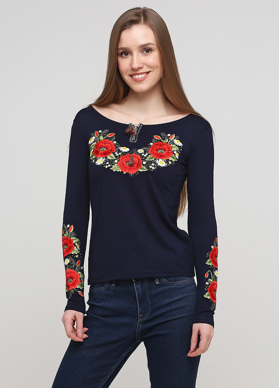 Жіноча вишита футболка з довгим рукавом Маковий цвіт синя Melanika (250206148)