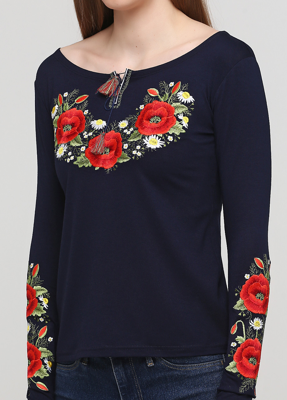 Женская вышитая футболка с длинным рукавом Маковый цвет синяя Melanika (250206148)
