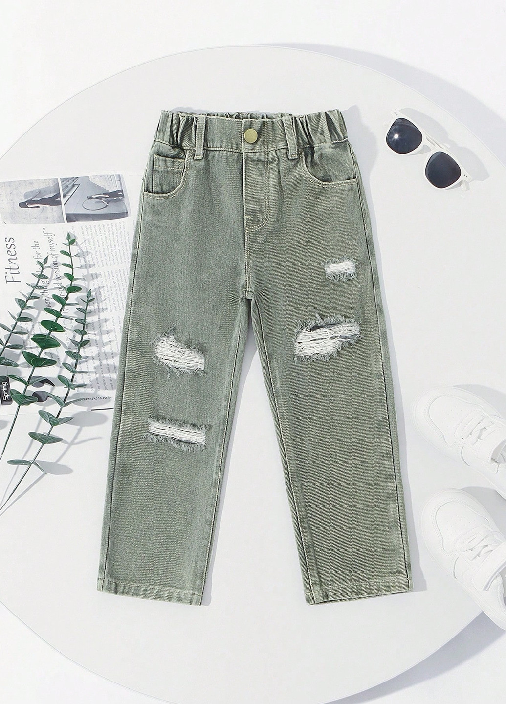 Серо-зеленые демисезонные регюлар фит, прямые джинсы SHEIN