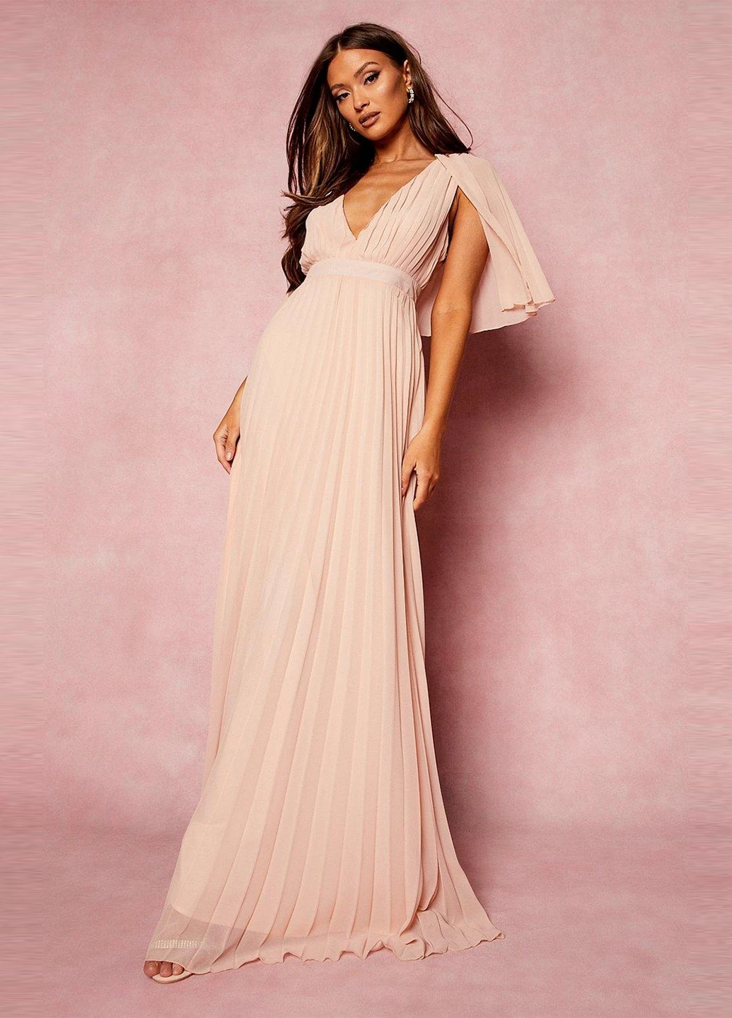 Светло-розовое вечернее платье клеш, со шлейфом, плиссированное Boohoo однотонное