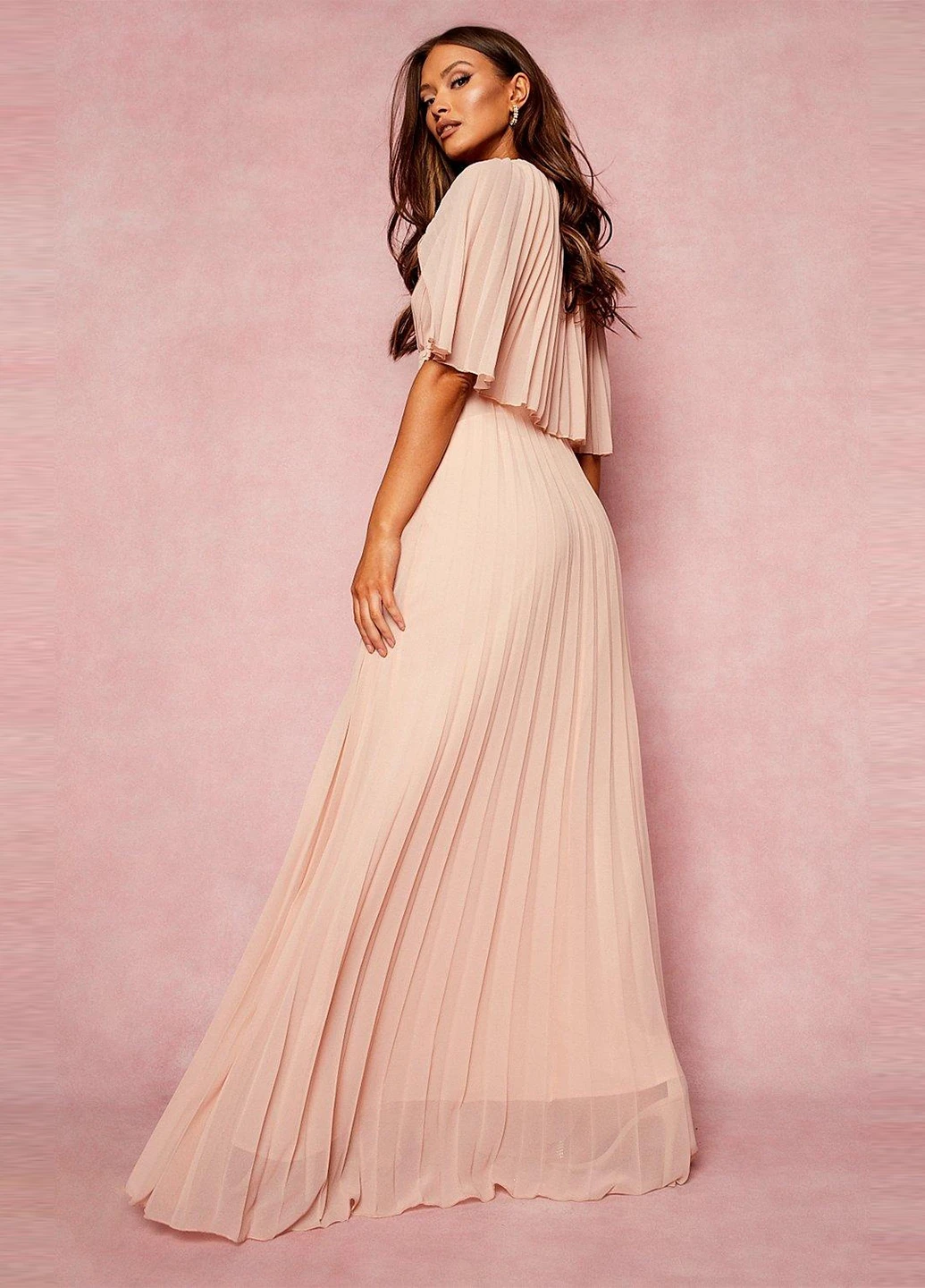 Светло-розовое вечернее платье клеш, со шлейфом, плиссированное Boohoo однотонное