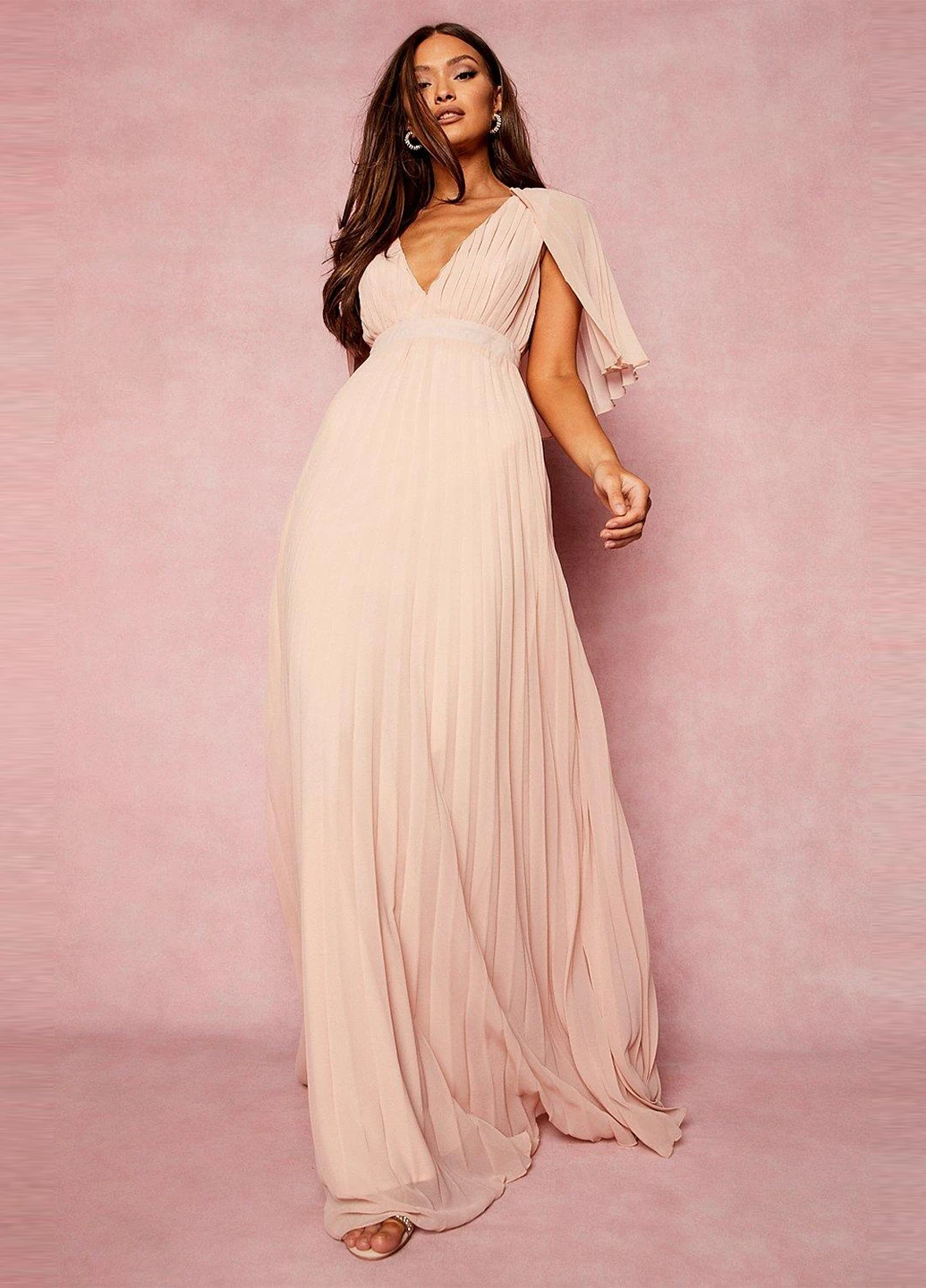 Светло-розовое вечернее платье клеш, со шлейфом, плиссированное Boohoo однотонное