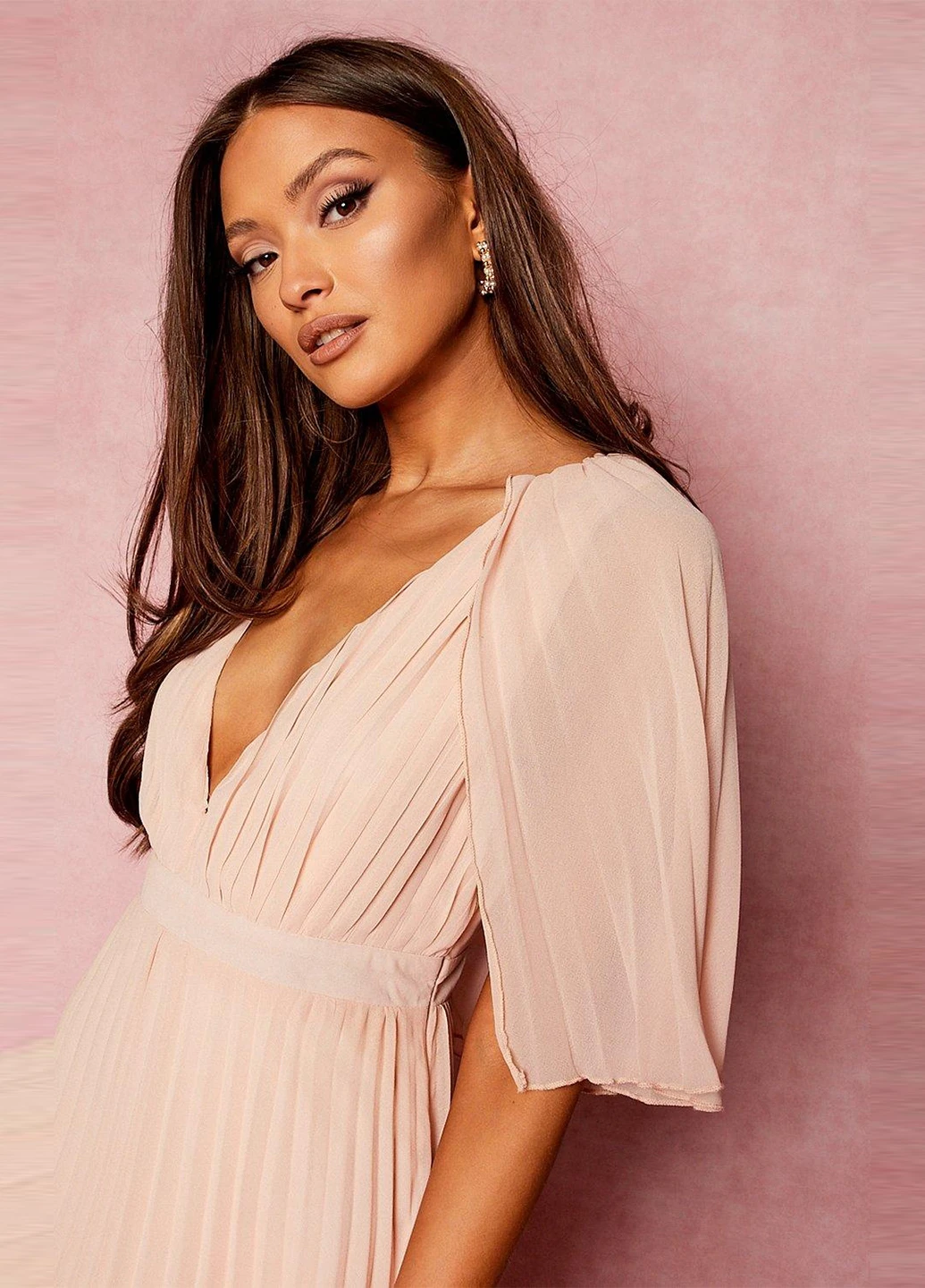 Светло-розовое вечернее платье клеш, со шлейфом, плиссированное Boohoo однотонное