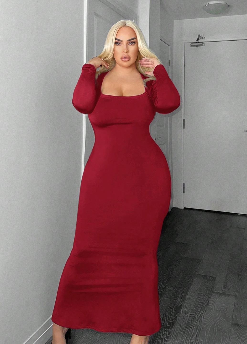 Темно-червона вечірня, ділова сукня годе SHEIN однотонна