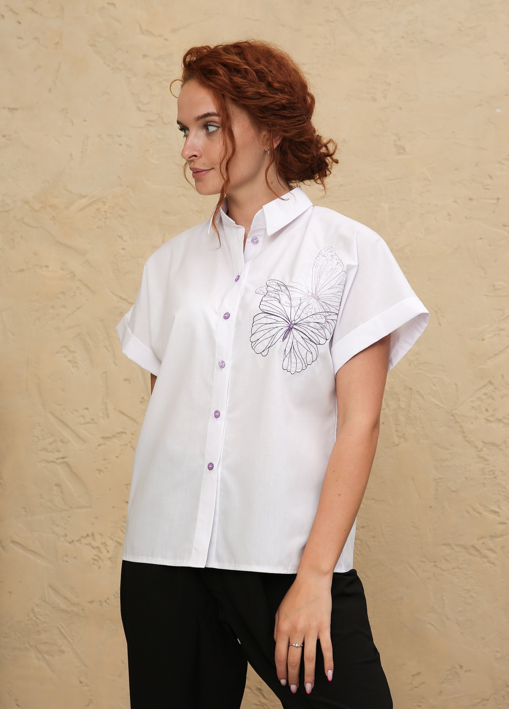 Белая летняя классическая рубашка с вышивкой "бабочки" INNOE Блуза с вышивкой