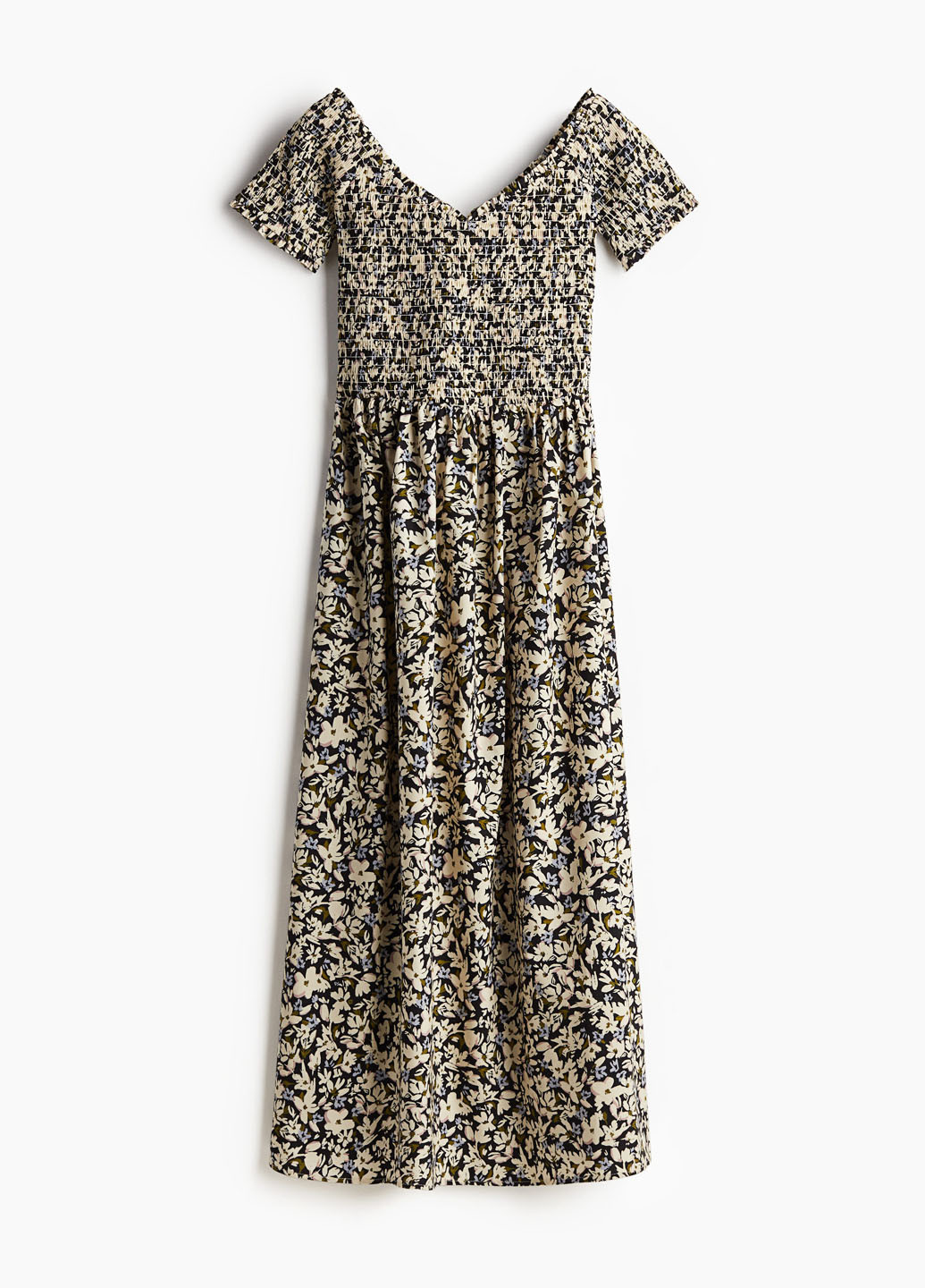 Черно-белое кэжуал платье с открытыми плечами H&M с цветочным принтом