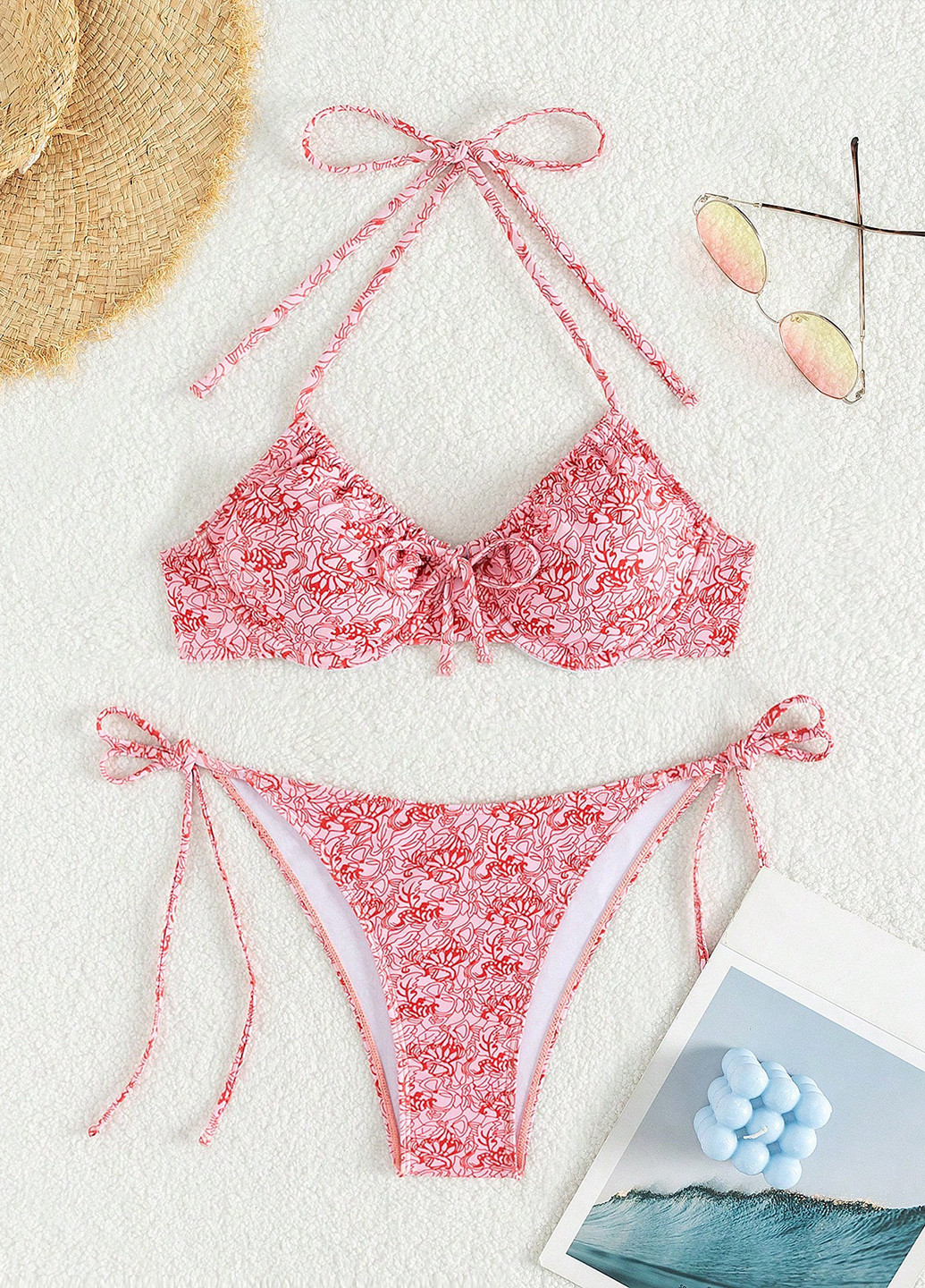 Розовый летний купальник (лиф, трусики) бандо, раздельный SHEIN