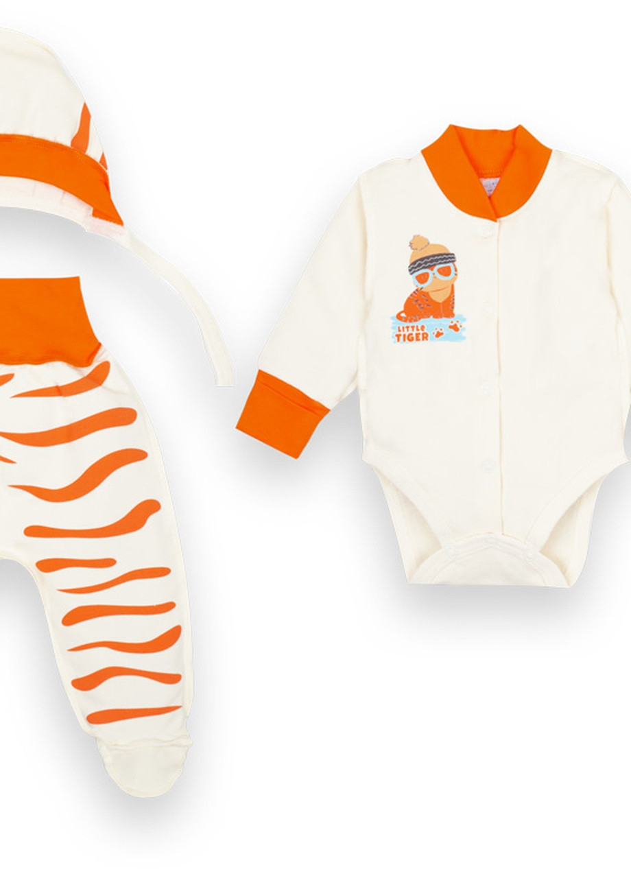 Молочный демисезонный детский комплект для мальчика (боди+ползунки+шапка) Габби