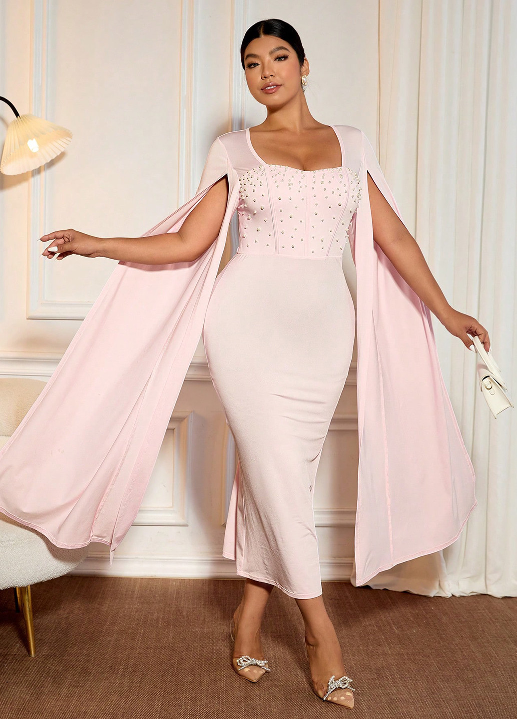 Світло-рожева вечірня сукня годе, сукня-кейп SHEIN однотонна