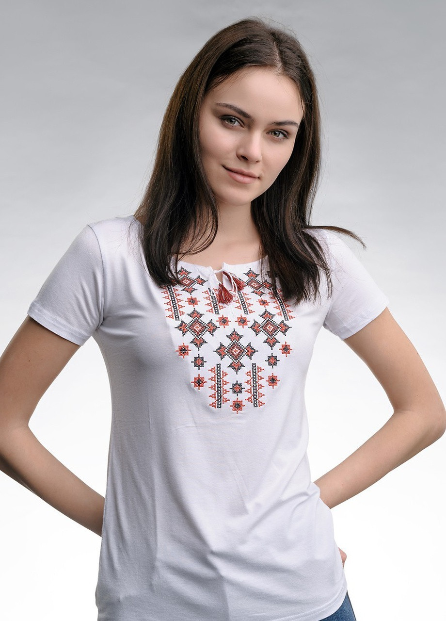 Жіноча вишита футболка Зоряне сяйво біла з червоним Melanika (250206173)