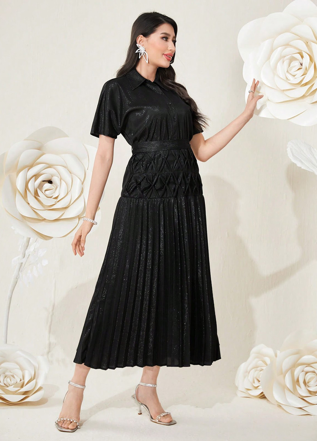 Черное деловое платье в стиле ампир, плиссированное SHEIN однотонное