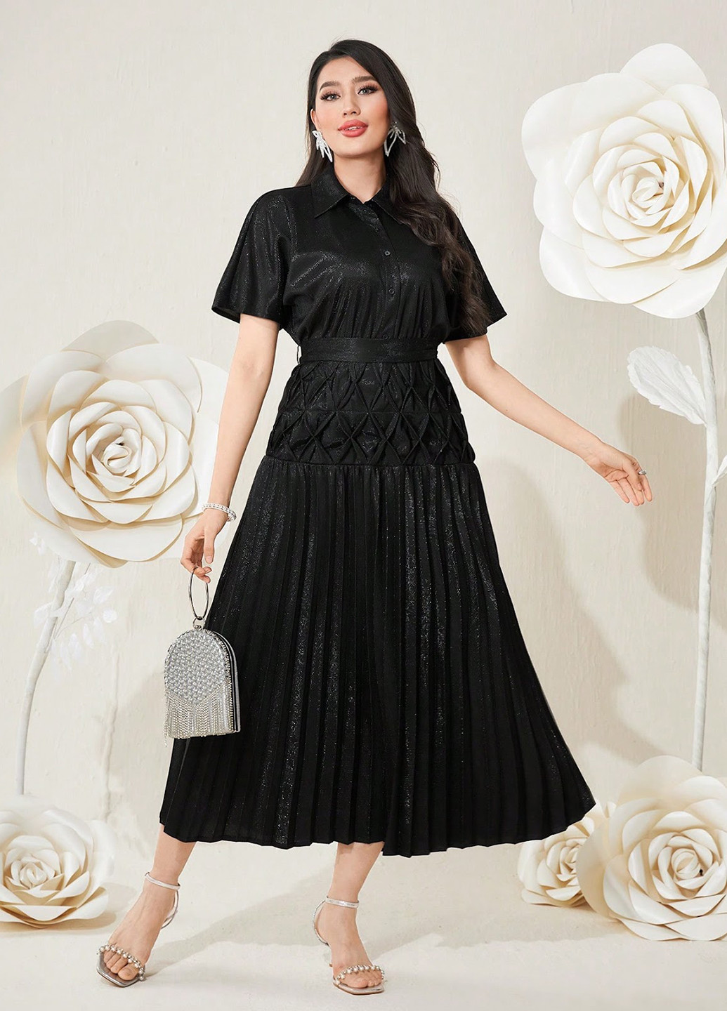 Черное деловое платье в стиле ампир, плиссированное SHEIN однотонное