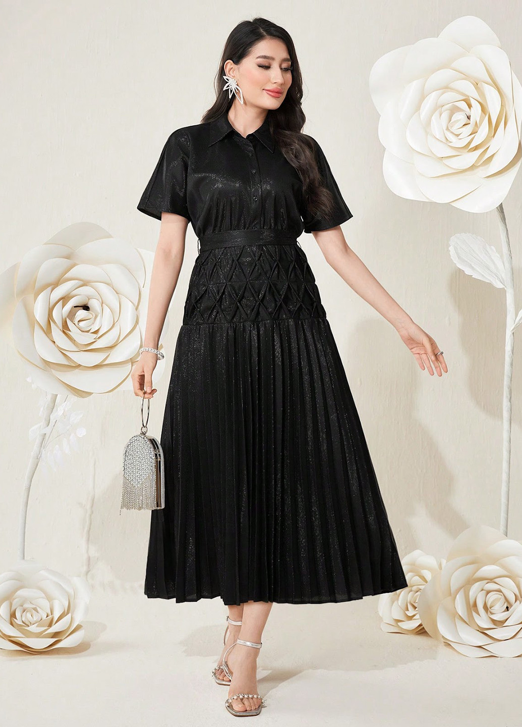 Черное деловое платье в стиле ампир, плиссированное SHEIN однотонное