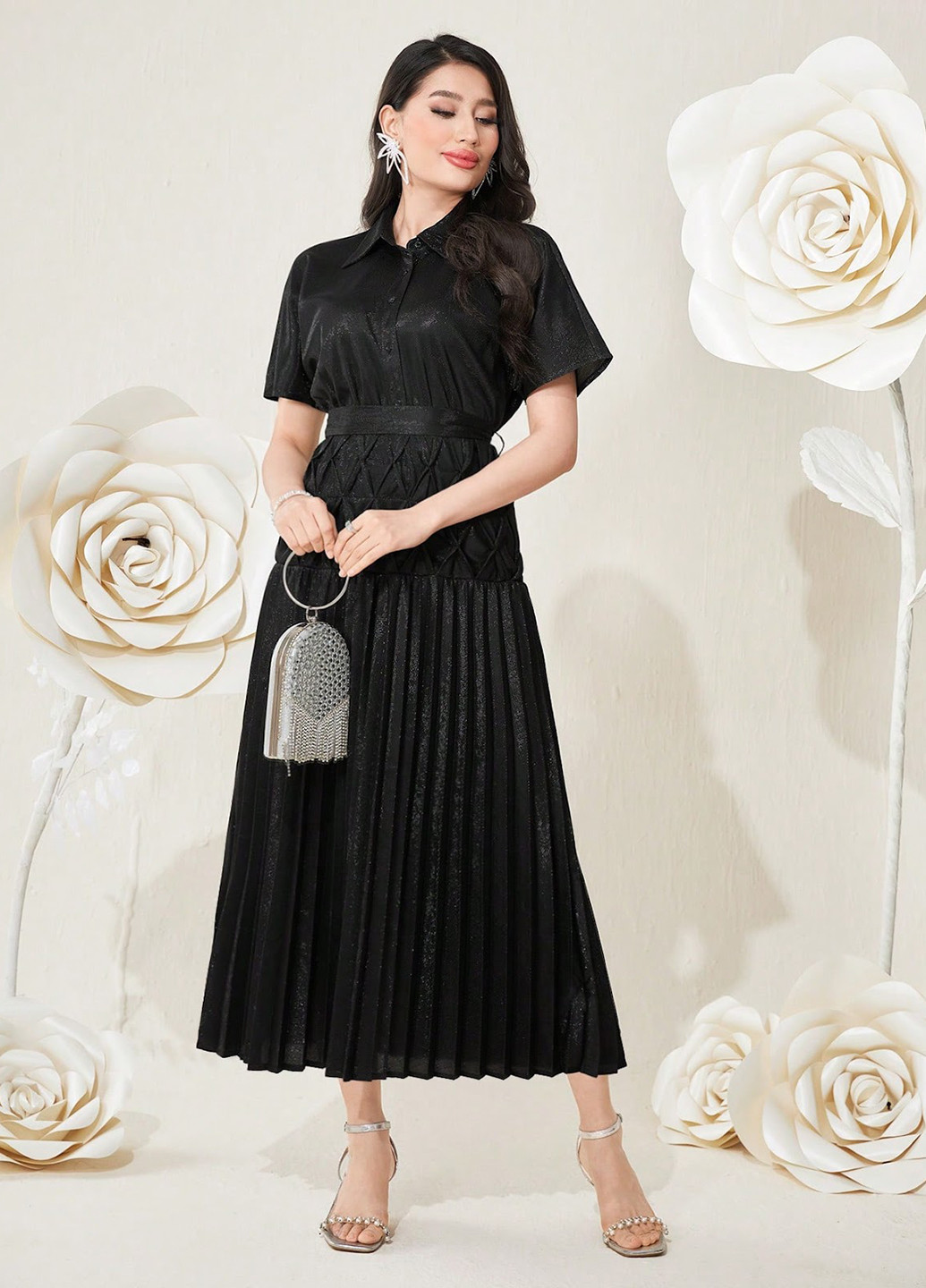 Черное деловое платье в стиле ампир, плиссированное SHEIN однотонное