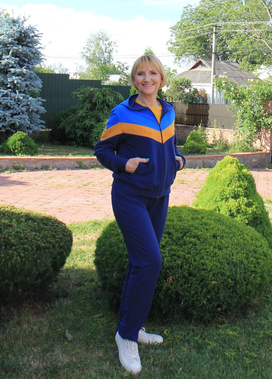 Темно-синя демісезонна костюм для спорту жіночий триколірний кофта + брюки V.O.G.