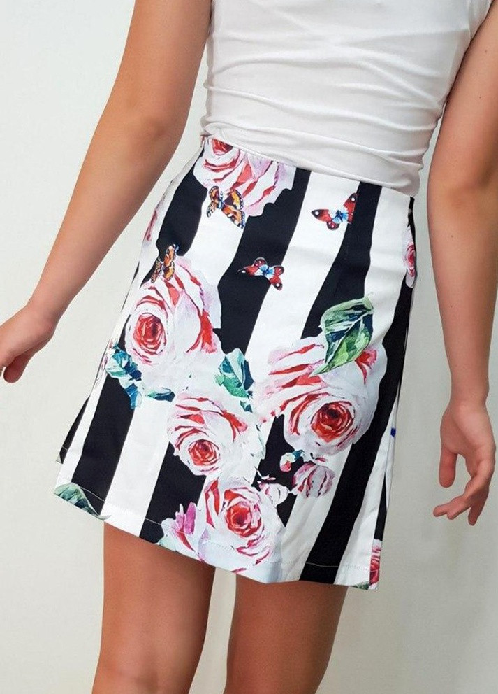 Черно-белая кэжуал цветочной расцветки юбка AAA а-силуэта (трапеция)