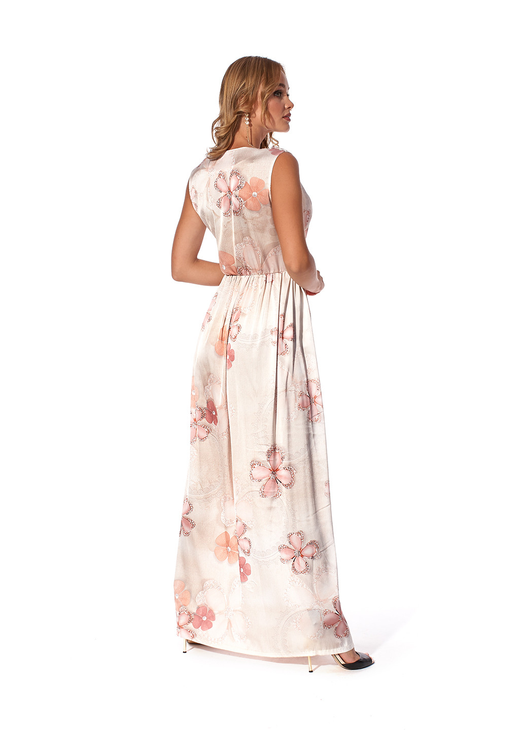 Персиковое кэжуал платье на запах SL- FASHION с цветочным принтом