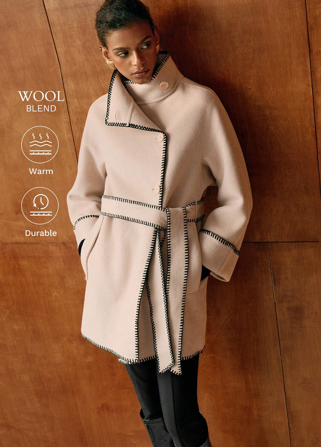 Светло-бежевое демисезонное Пальто однобортное SHEIN