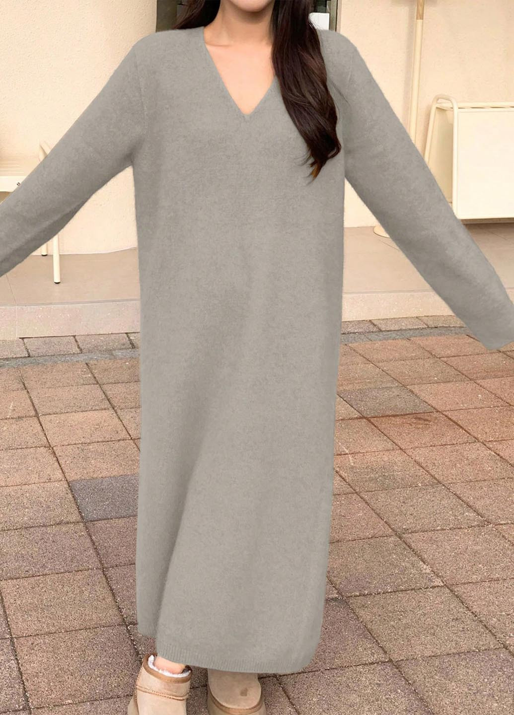 Серое кэжуал платье платье-свитер SHEIN однотонное