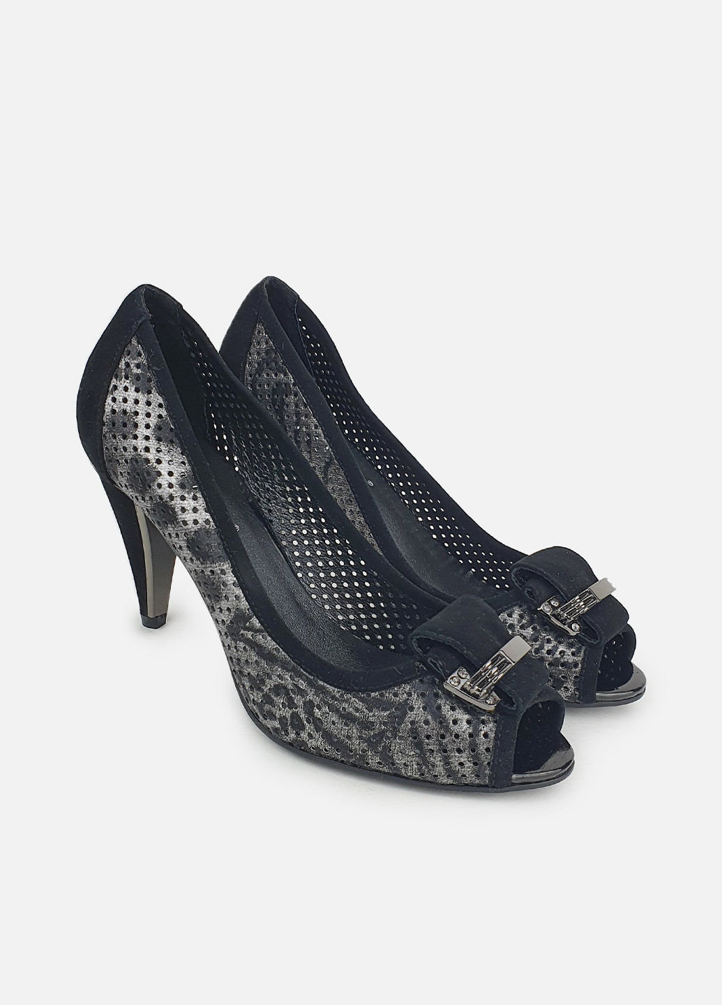 Кожаные женские туфли с перфорацией черные на среднем каблуке Maria Moro