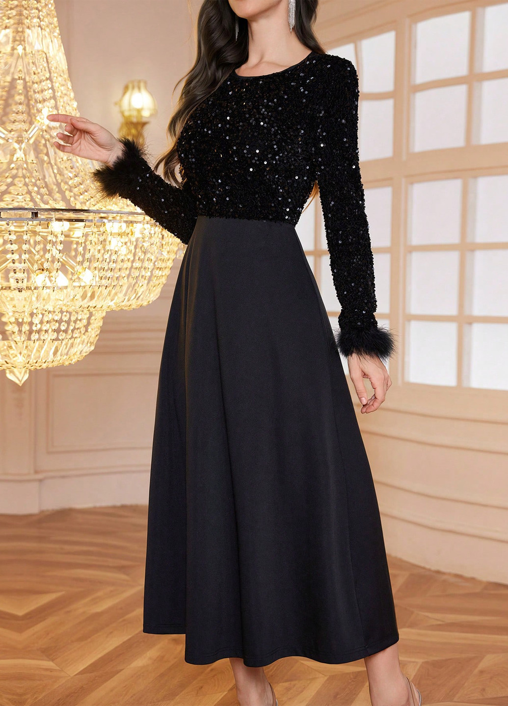 Черное праздничный, вечернее платье клеш SHEIN однотонное