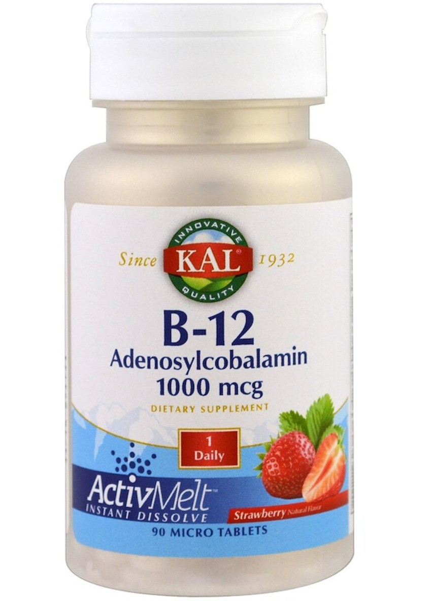 Вітамін B-12, B-12 Adenosylcobalamin,, смак полуниці 1000 мкг, 90 мікротаблеток KAL (228291894)