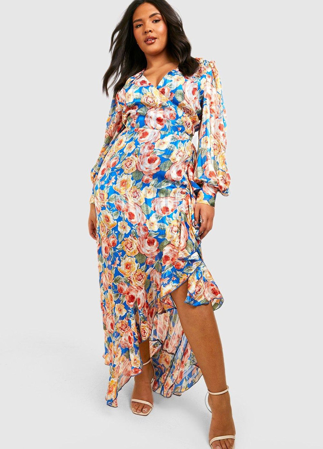 Блакитна кежуал, коктейльна сукня в стилі армпір, на запах Boohoo з квітковим принтом