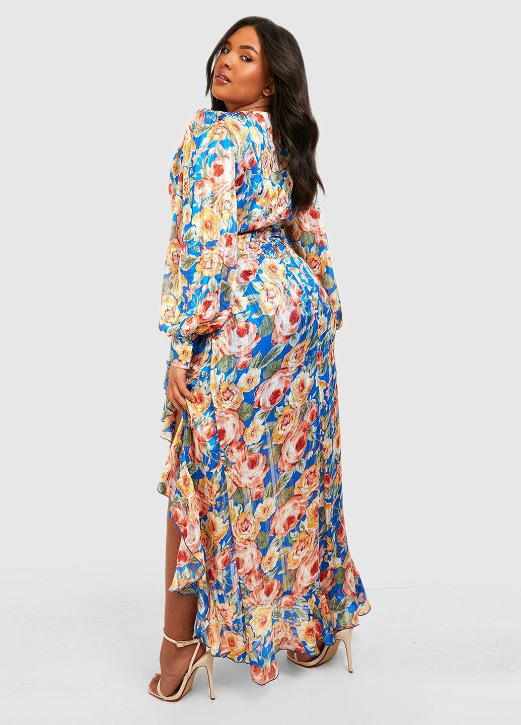 Блакитна кежуал, коктейльна сукня в стилі армпір, на запах Boohoo з квітковим принтом